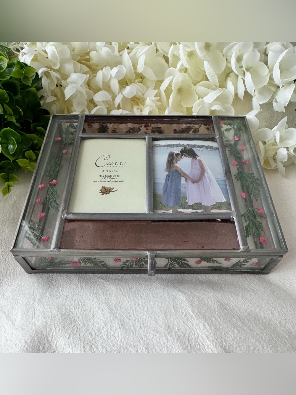 Carr vintage Floral Glass Photo Trinket Box